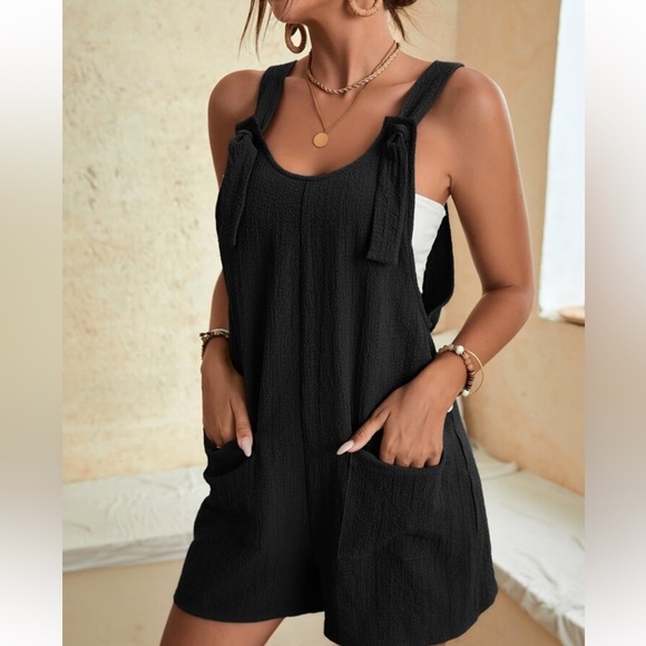 SHEIN BLACK OVERALL SLEEVELESS ROMPER / COVERUP WITH POCKETS & ADJUSTABLE STRAPS - Picture 1 of 8